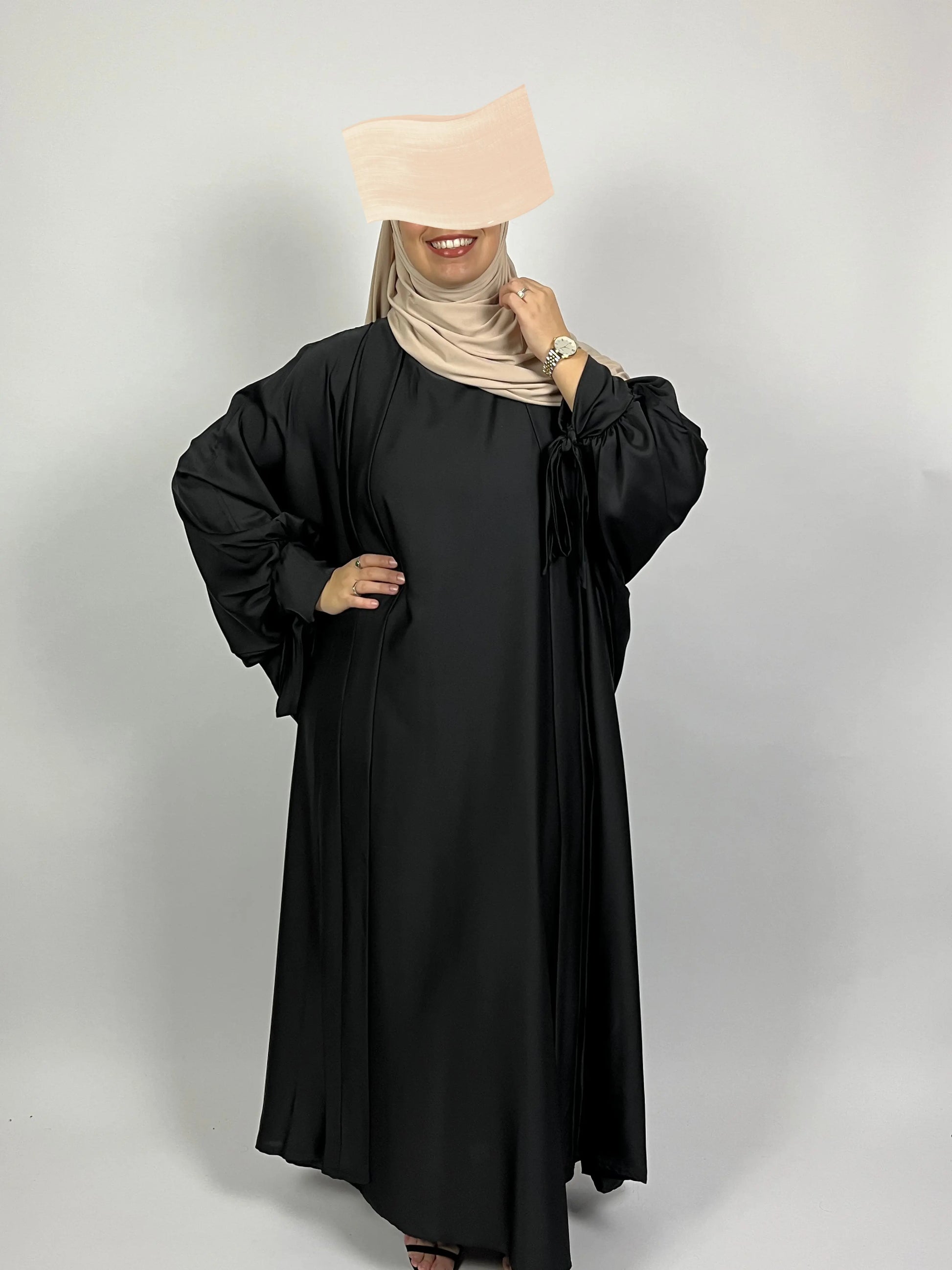 Abaya Safia Noir - Abaya Satin Noir 2 Pièces - Ayattboutique