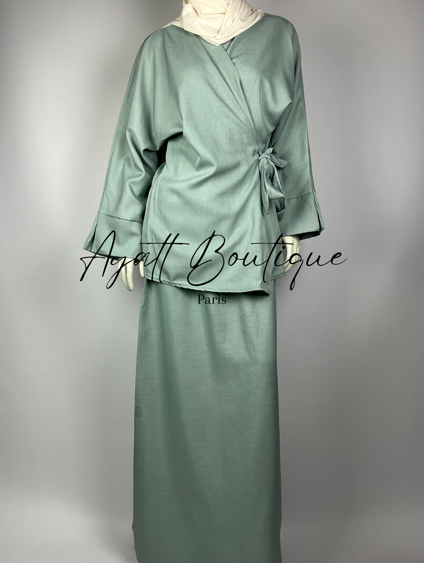 ABAYA 2 PIECES LINA VERT D'EAU