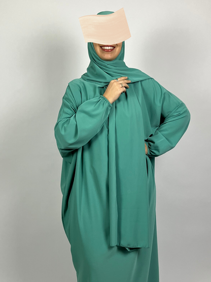 ABAYA SOIE DE MEDINE HIJAB INTEGRE BLEU TURQUOISE