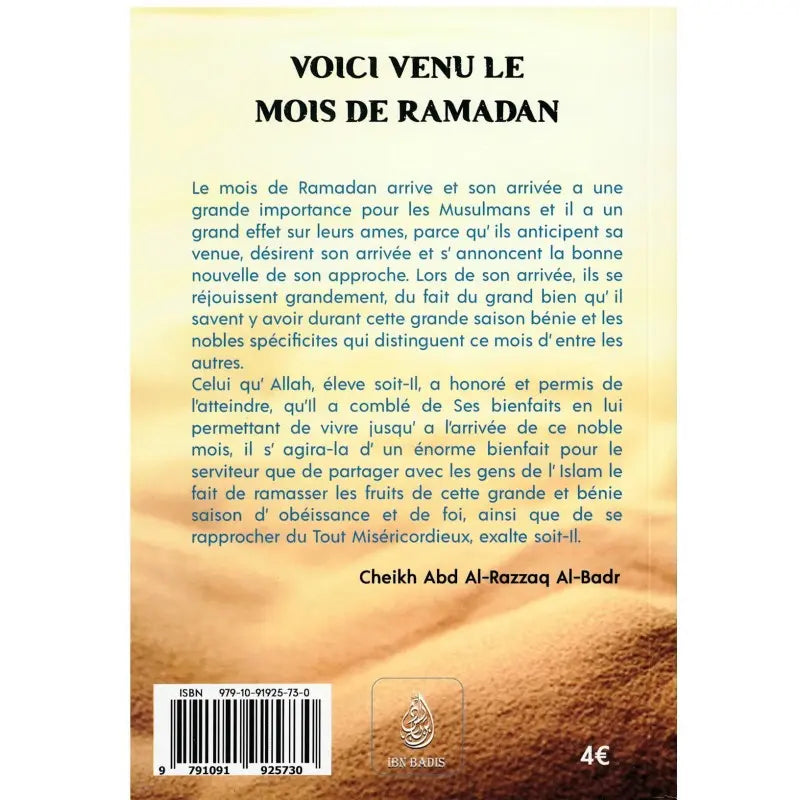 Voici venu le mois de Ramadan, de Cheikh Abd al-Razzaq al-Badr Ayattboutique