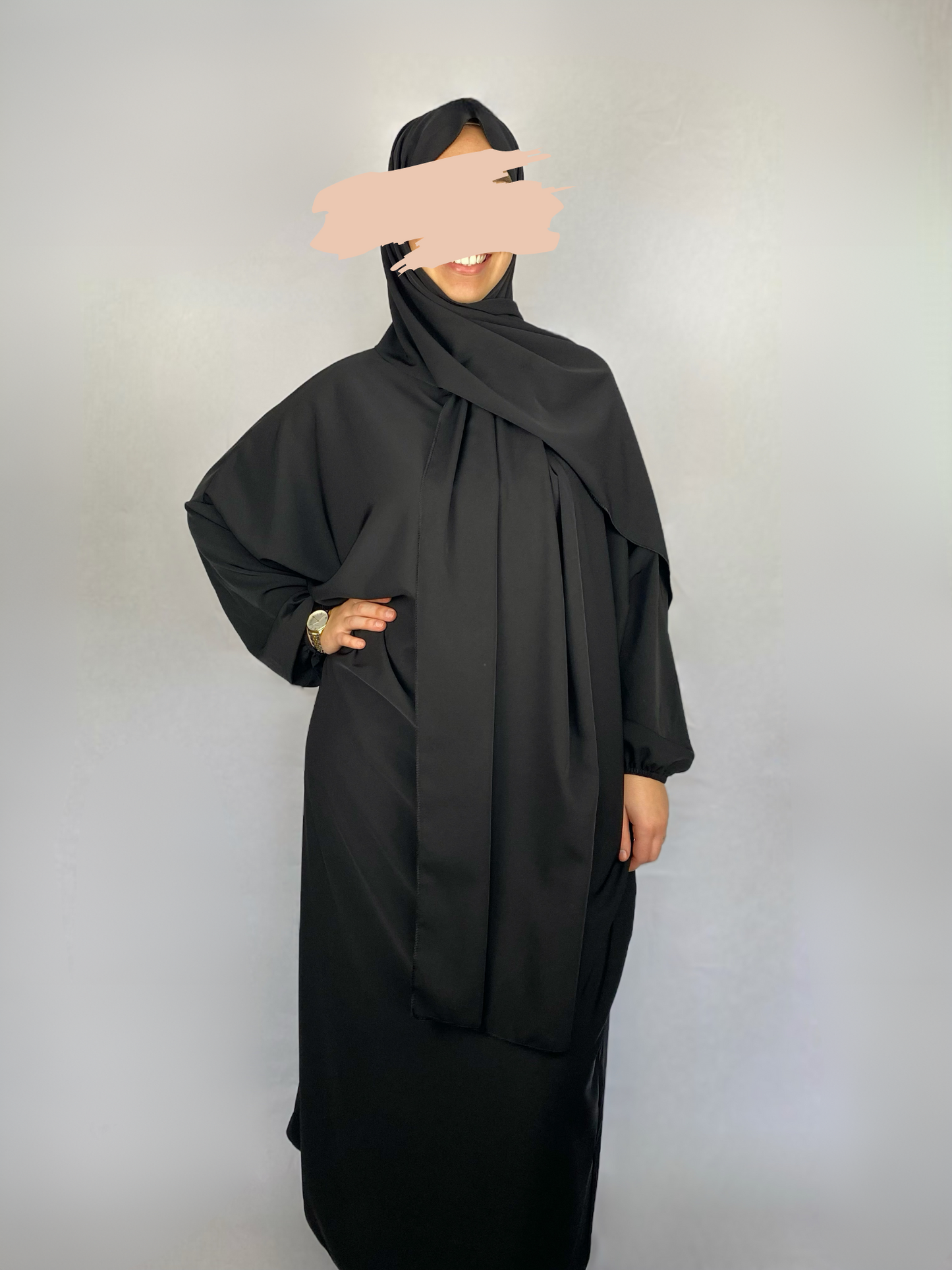 ABAYA SOIE DE MEDINE HIJAB INTEGRE NOIR