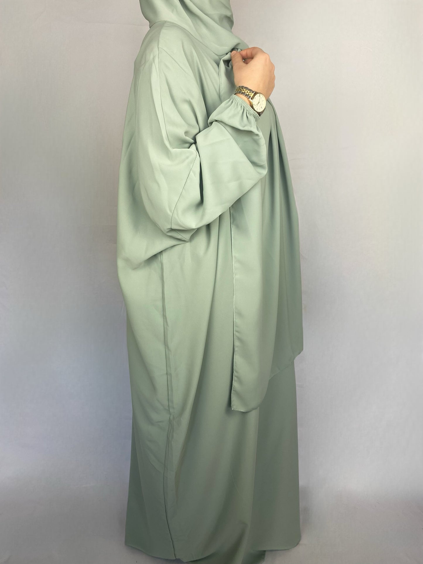 ABAYA SOIE DE MEDINE HIJAB INTEGRE VERT D'EAU