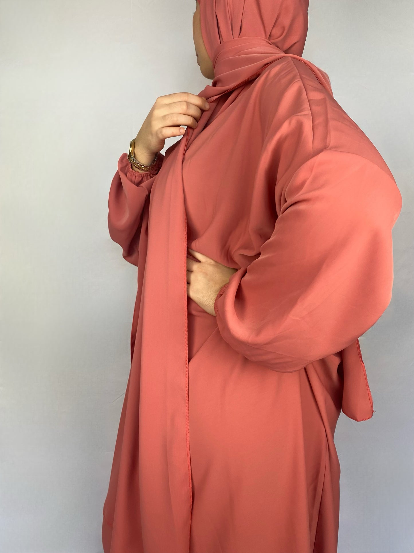 ABAYA SOIE DE MEDINE HIJAB INTEGRE ORANGE ROSE