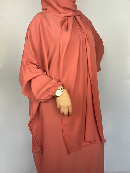 ABAYA SOIE DE MEDINE HIJAB INTEGRE ORANGE ROSE