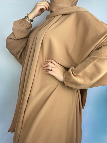 ABAYA SOIE DE MEDINE HIJAB INTEGRE MARRON CLAIR