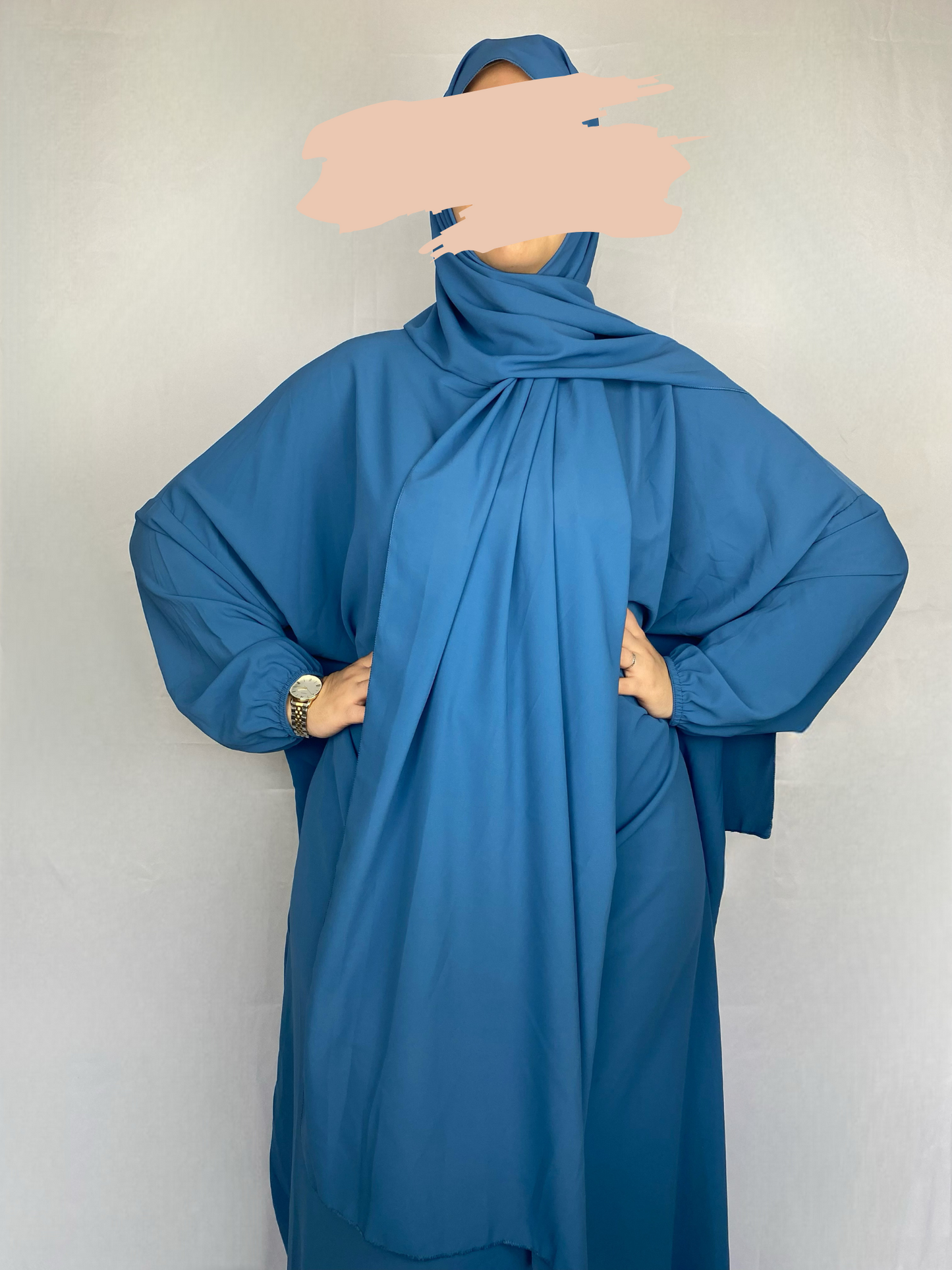 ABAYA SOIE DE MEDINE HIJAB INTEGRE  BLEU