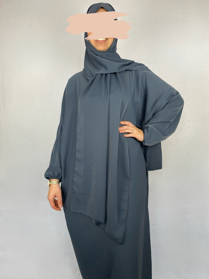 ABAYA SOIE DE MEDINE HIJAB INTEGRE GRIS