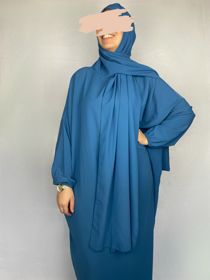 ABAYA SOIE DE MEDINE HIJAB INTEGRE  BLEU Ayattboutique