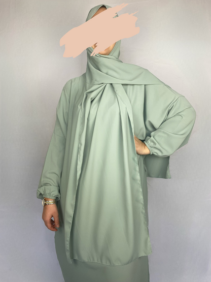 ABAYA SOIE DE MEDINE HIJAB INTEGRE VERT D'EAU