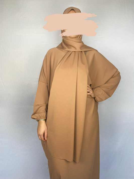 ABAYA SOIE DE MEDINE HIJAB INTEGRE MARRON CLAIR