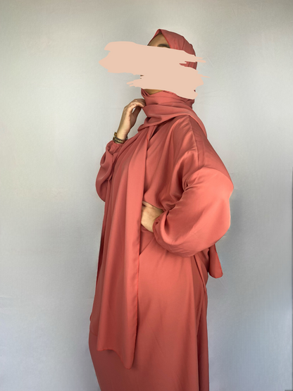 ABAYA SOIE DE MEDINE HIJAB INTEGRE ORANGE ROSE